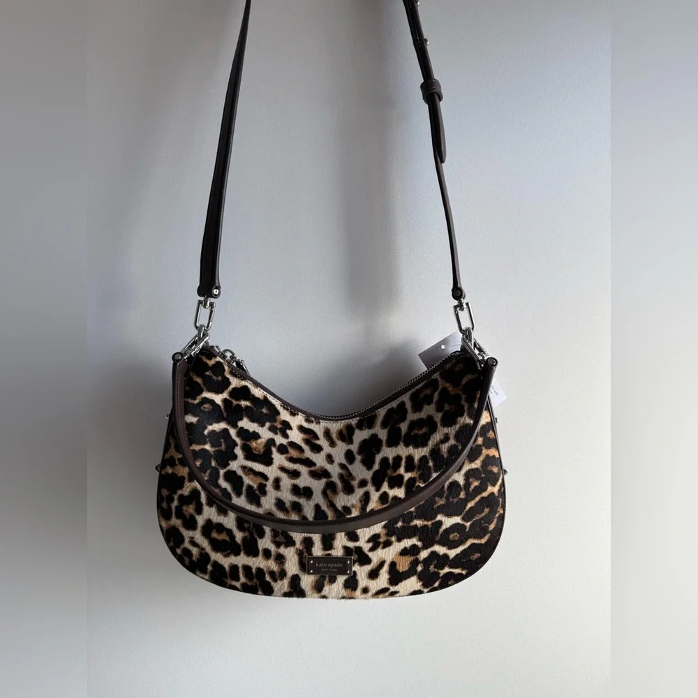 NWT Kate spade Liv Downtown Haircalf Shoulder & Crossbody hobo Bag Leopard KN018